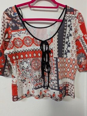 Guess Mixed Print Lace-Up Crop Top - Red, Cream & Black